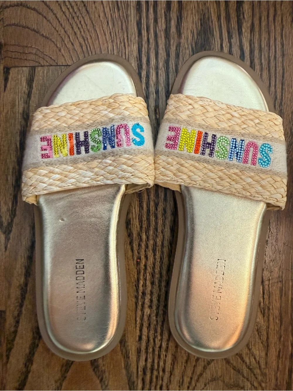Steve Madden Gold Slide Sandals with Multicolor 'SUNSHINE' Bead Embroidery